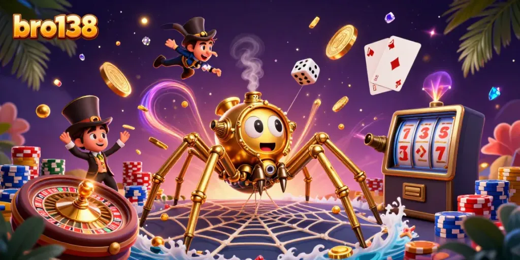 Experience thrilling gameplay at bro138 with a dynamic scene of steampunk elements, golden coins, and vibrant cards.