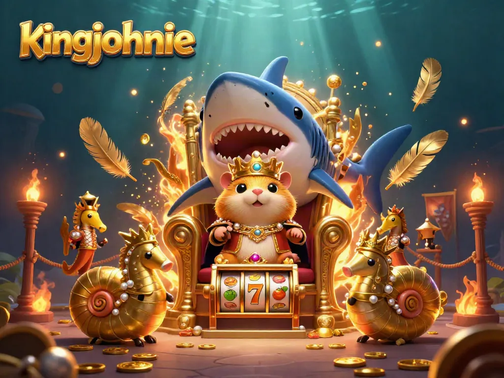 Engage in thrilling play at kingjohnnie's vibrant underwater casino featuring a golden hamster king and slot games.
