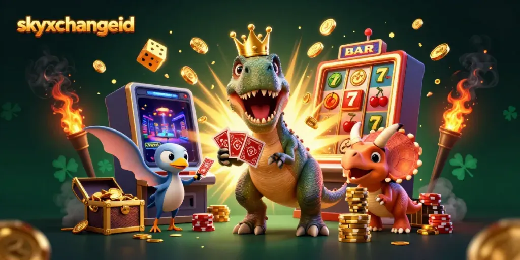 Engage with skyxchangeid's fun-filled casino adventure featuring a T-Rex, Pterodactyl, and Triceratops amidst casino games.