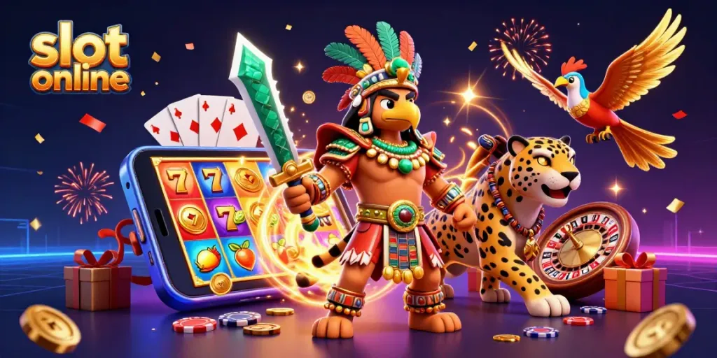 Experience thrilling slot online games with a 3D Aztec warrior and vibrant casino elements.