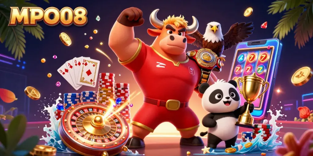 Spin reels and celebrate victories with MPO08 in a vibrant 3D casino scene packed with excitement!