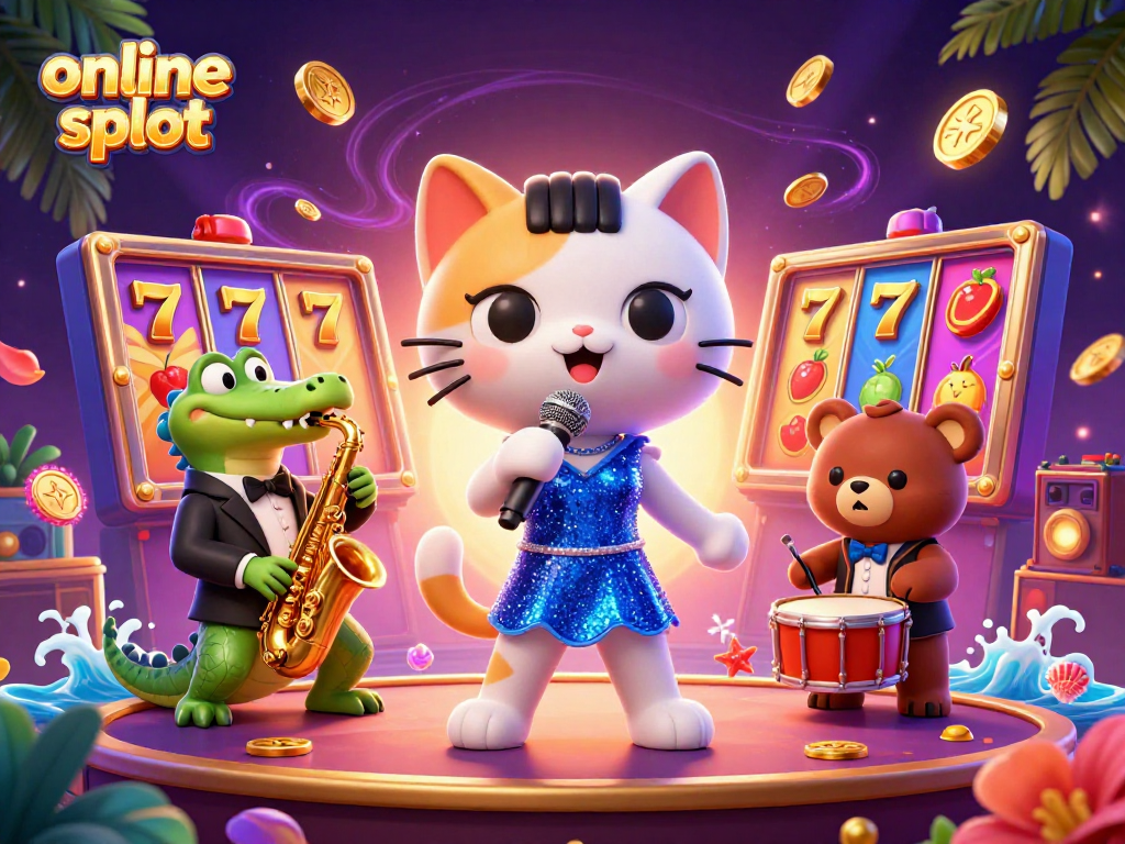 Engage with online slot games through a vibrant scene featuring playful animals, jackpot reels, and dynamic casino elements.