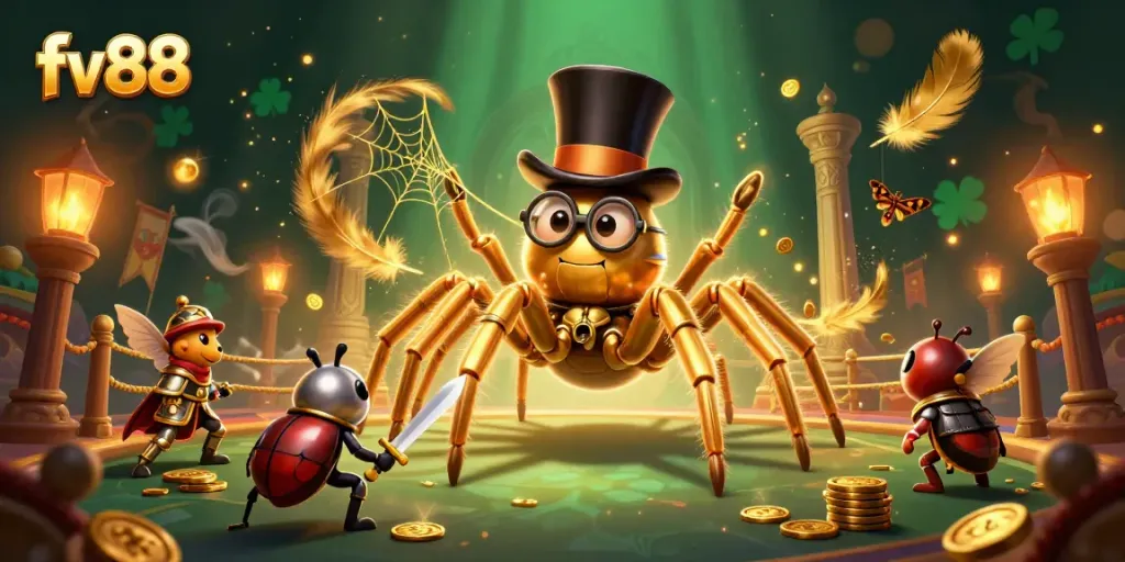 Experience thrilling gaming at fv88 with an engaging scene of a giant golden tarantula and beetle knight in a dynamic casino