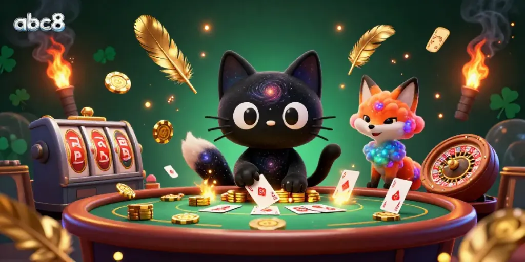 Play exciting games at abc8's vibrant cosmic casino with animations of golden chips and cards.