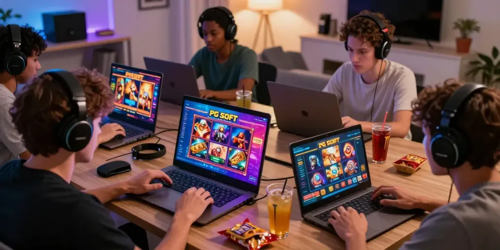 Engaged players enjoying a slot gacor game on multiple devices with PG SOFT graphics.