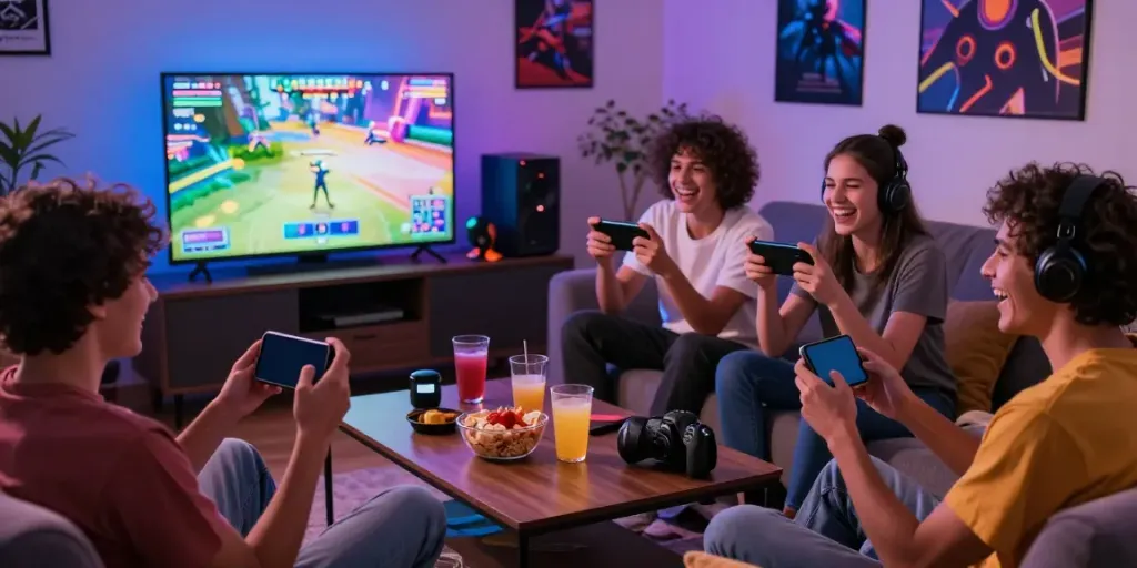 Young adults playing yono games in a cozy living room with smartphones and snacks.