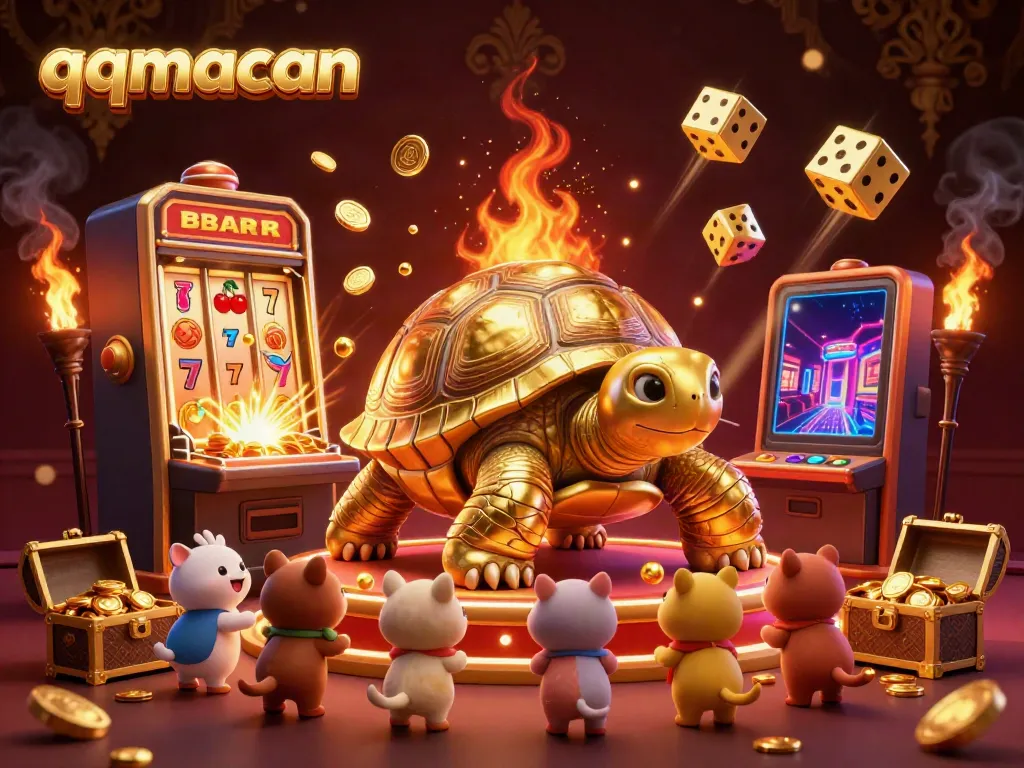 Join the game excitement at qqmacan with a vibrant jackpot scene featuring a colossal golden tortoise, bursting slot machine, and playful elements.