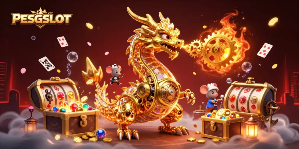 PESGSLOT showcases captivating golden dragon and vibrant slot elements, illuminating casino fun.