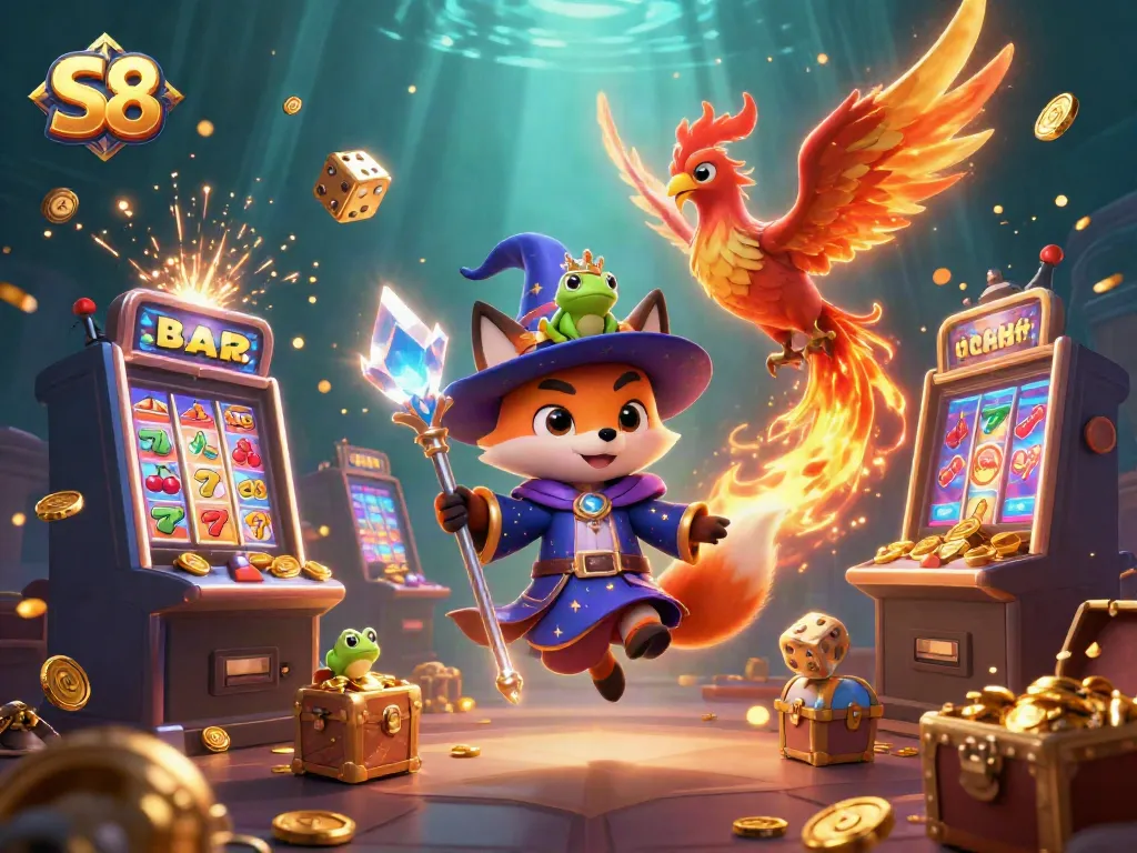 S8 slot machine jackpot scene with mystical characters and vibrant casino elements.
