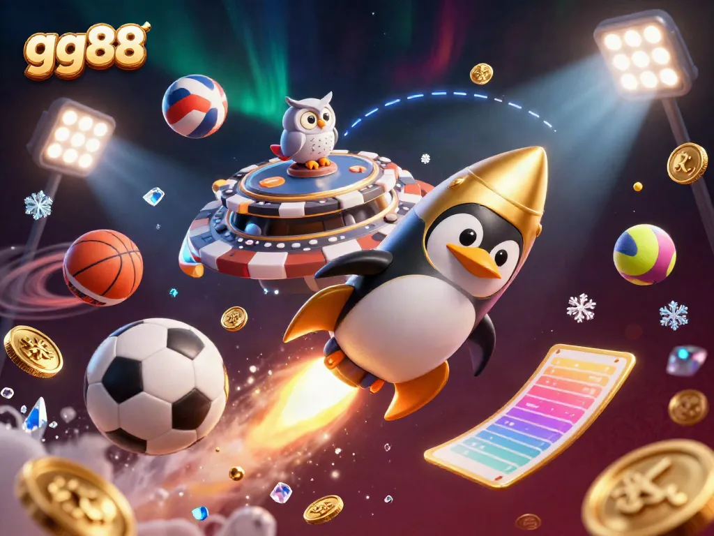 Experience a thrilling journey with gg88's golden penguin racing to a casino in this vibrant 3D illustration.