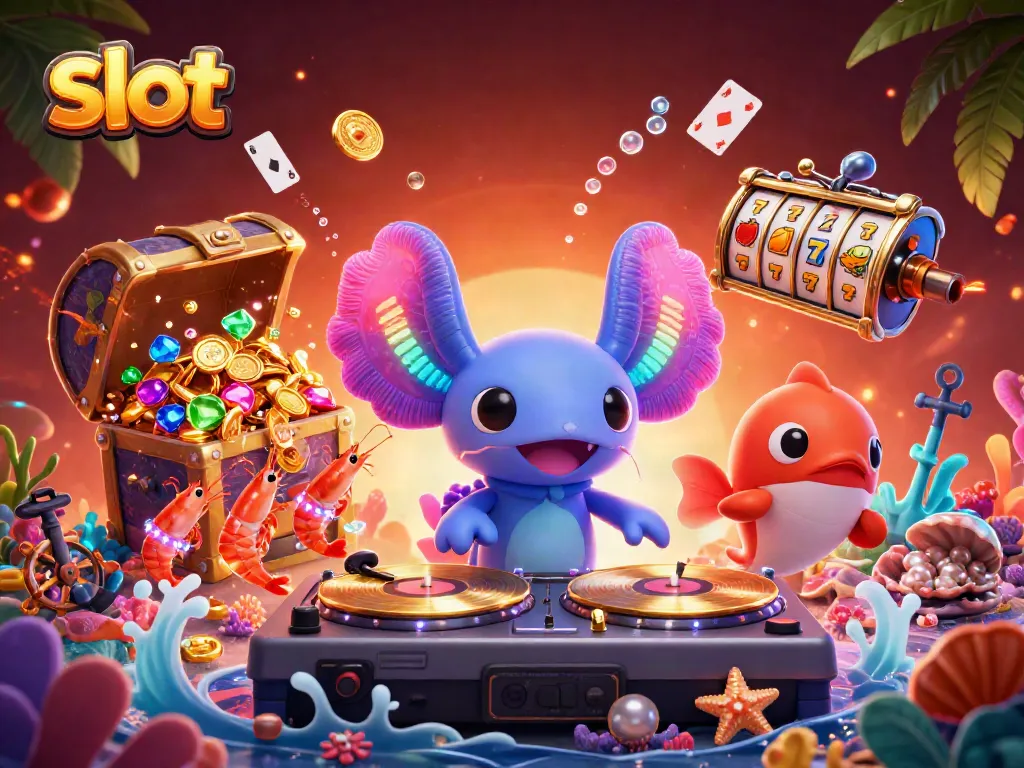 Mencoba slot dengan mesin permainan yang menampilkan pengganda dan tombol jackpot di tengah lautan berwarna cerah.