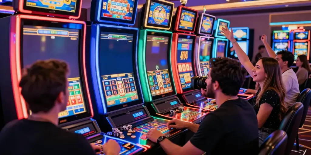Players enjoying exciting สล็อต games in a vibrant casino atmosphere.