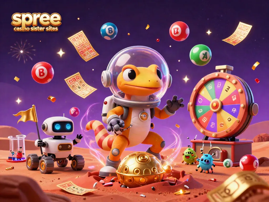 Cheerful aliens celebrate their findings of Spree casino sister sites with colorful lottery elements.