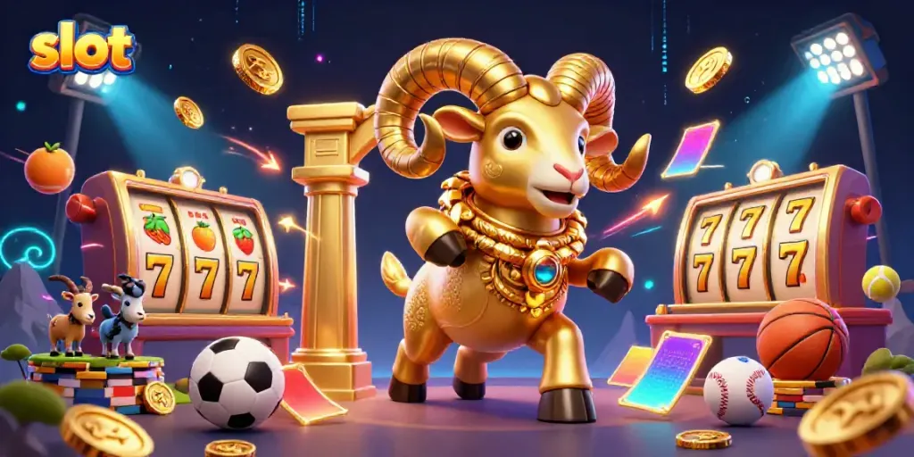 Slot ram emas berlari di antara simbol dan elemen judi lainnya di dalam kasino.