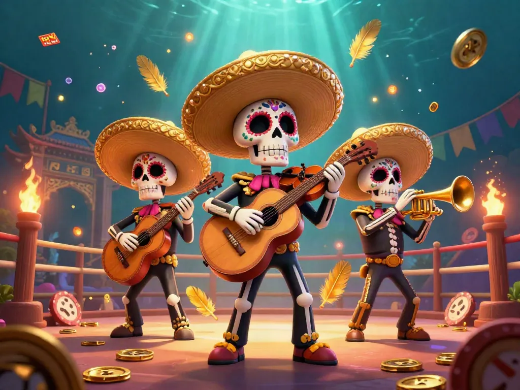 Experience the thrill of link slot gaming with a vibrant Dia de los Muertos mariachi band amidst golden particles and casino elements.