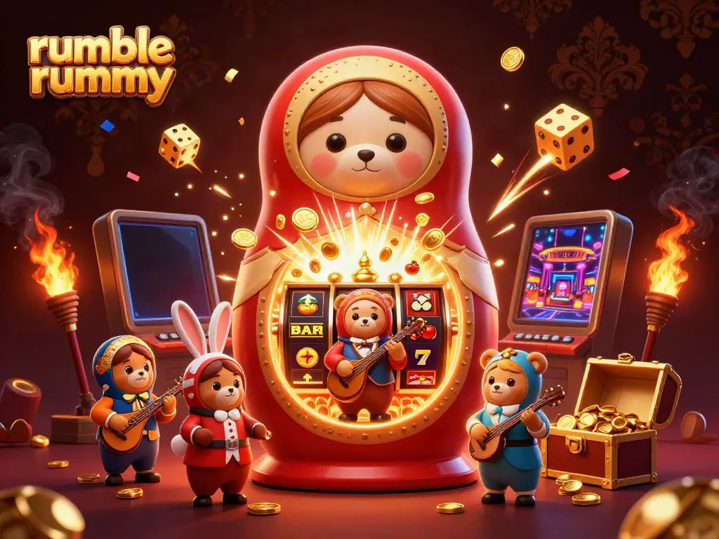 Experience the thrilling action of rumble rummy with a vibrant casino-themed illustration featuring charming characters and lively game elements.