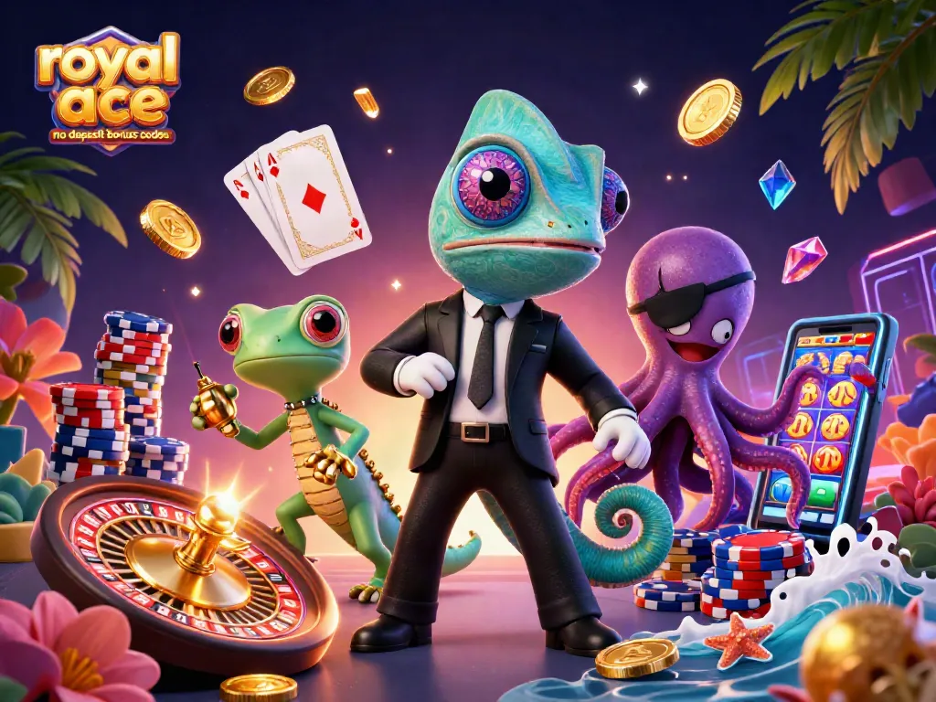 Win big with royal ace no deposit bonus codes in this vibrant casino illustration featuring dynamic game elements.