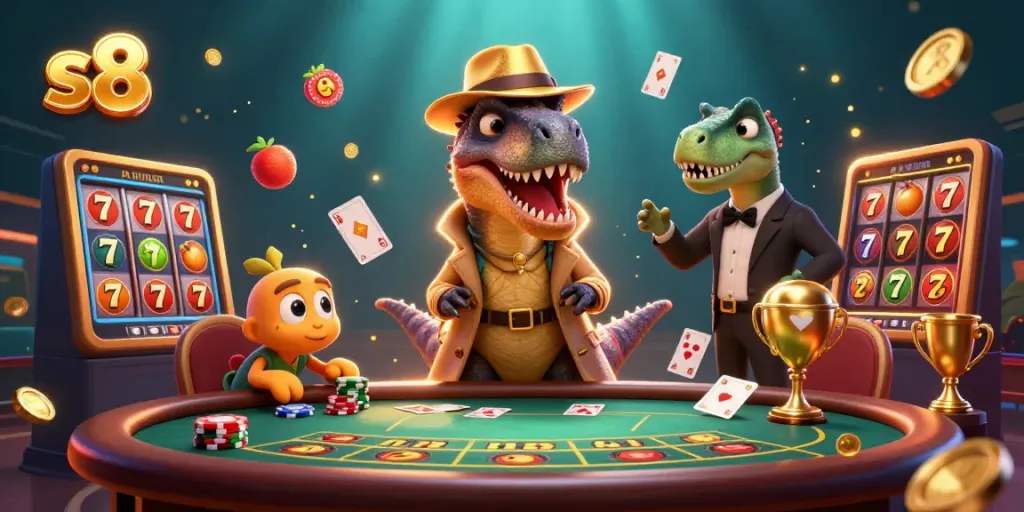 Experience exciting gameplay with s8 casino characters including a velociraptor at a blackjack table.