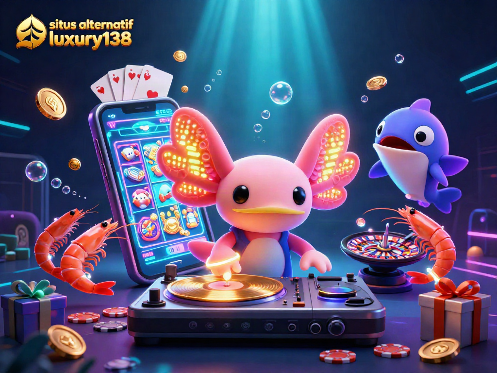 Situs alternatif luxury138 menampilkan ilustrasi kasino bawah laut dengan DJ axolotl dan teman-teman krustasea beraksi.