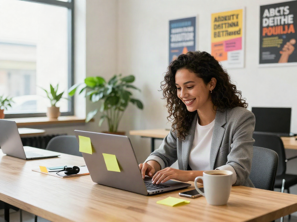 Dynamic job search scene with young professional finding หางาน in a modern co-working space.