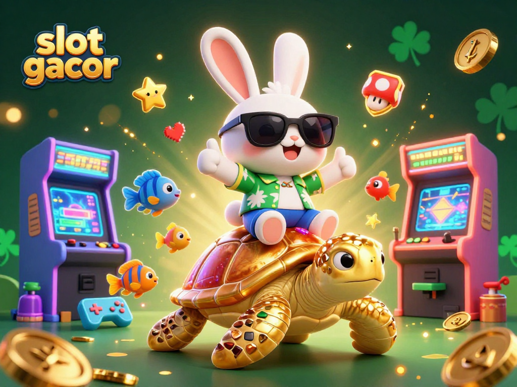 Mainkan slot gacor bersama kelinci beruntung dan penyu emas dalam ilustrasi kasino yang penuh warna.