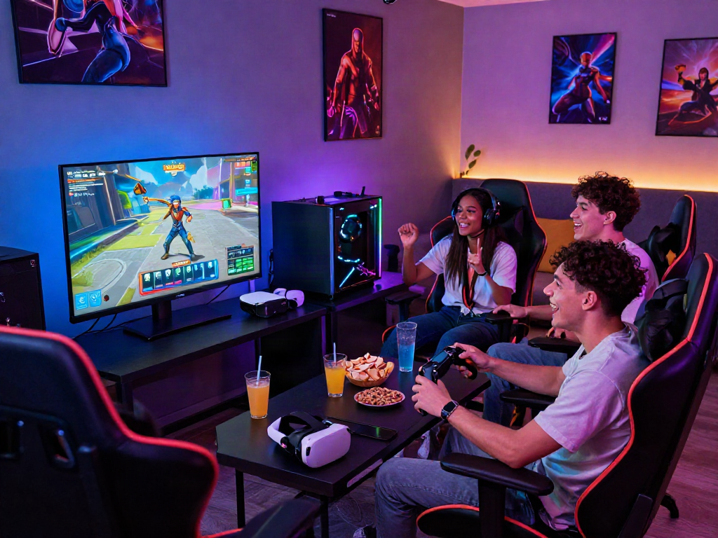 Friends enjoying porngames in a vibrant gaming lounge with LED lights and excitement.