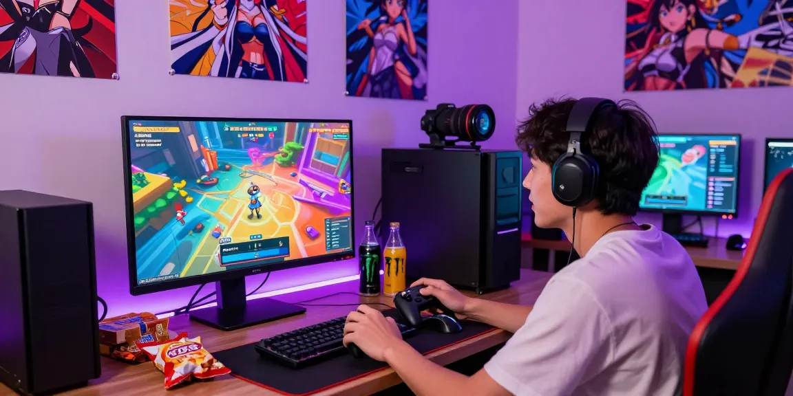 Engaged player passionately playing a hentai game in a vibrant gaming setup with colorful graphics.