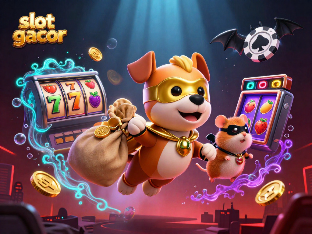 Slot gacor menampilkan pahlawan super anjing terbang dengan koin emas dalam adegan kasino yang penuh warna.