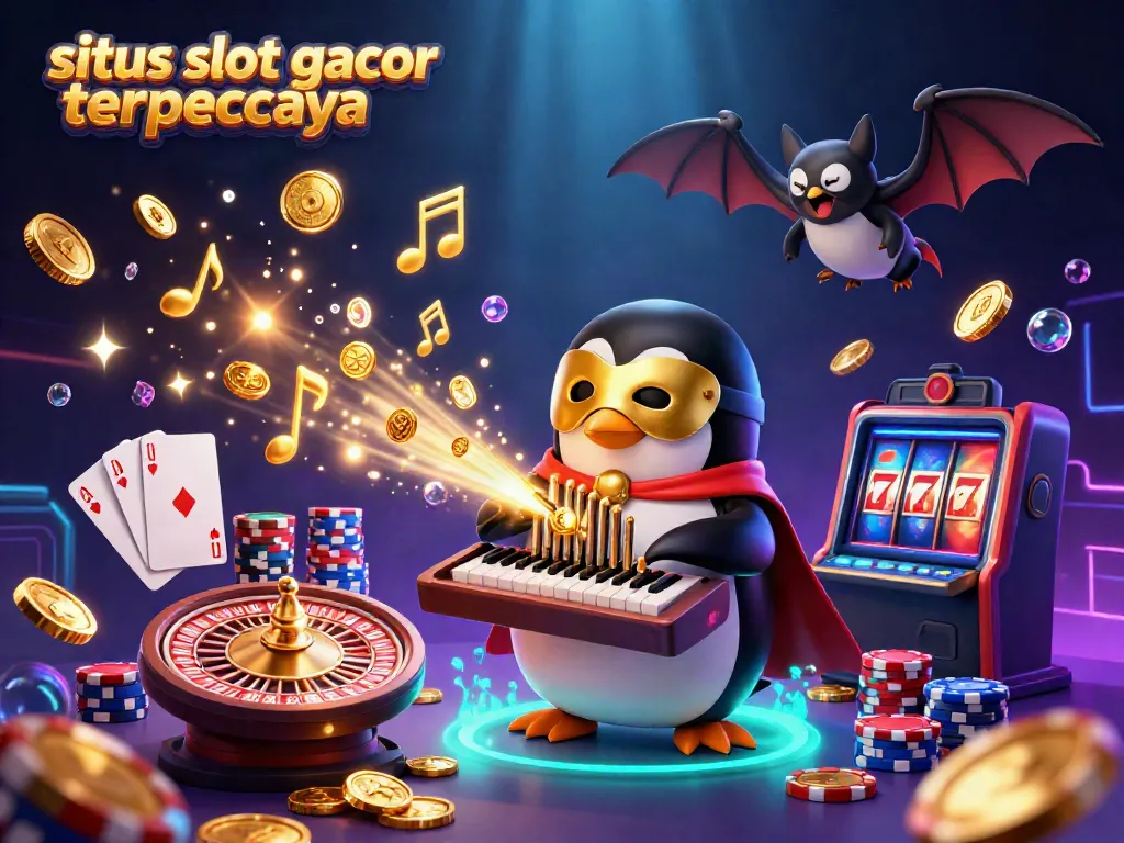 Experience thrilling wins with situs slot gacor terpercaya, featuring a cartoon penguin and dazzling casino elements.