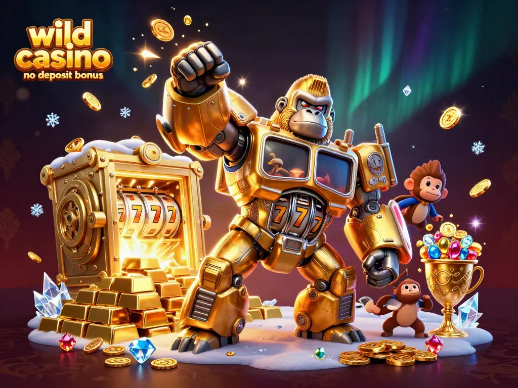 Win with the wild casino no deposit bonus featuring a 3D golden gorilla mech and treasures.