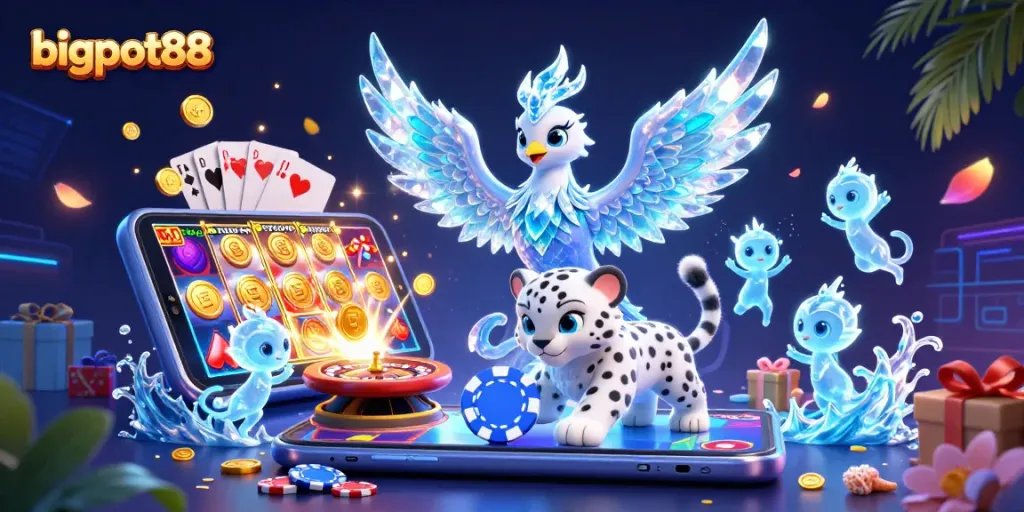 bigpot88 bermain dengan slot game dalam ilustrasi 3D pendukung, menunjukkan keindahan kasino.