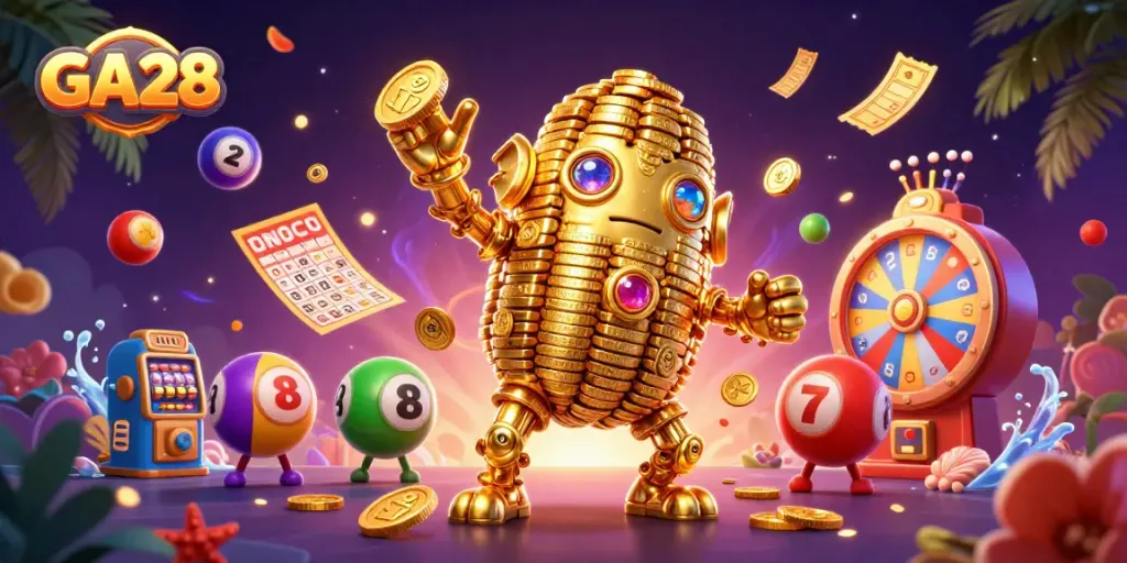 Enjoy the captivating GA28 gaming experience amid a vibrant casino scene bursting with action and excitement.