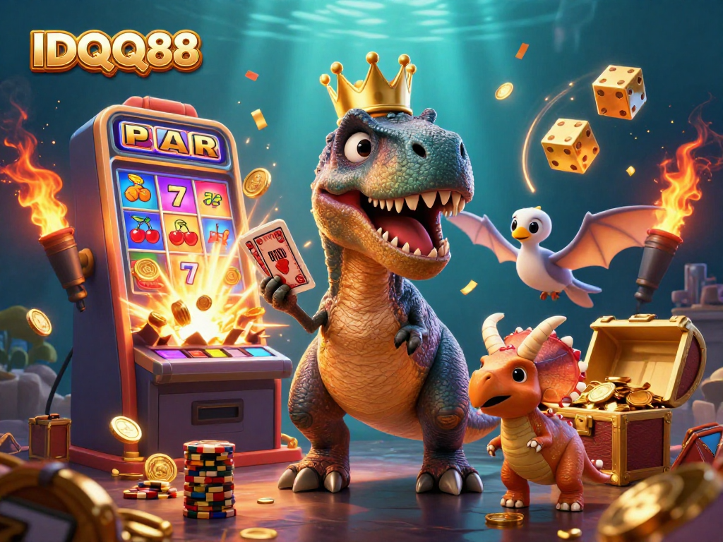 Experience thrilling gameplay at IDQQ88 with cartoon dinosaurs in a vibrant casino scene, featuring slot machines and golden chips.