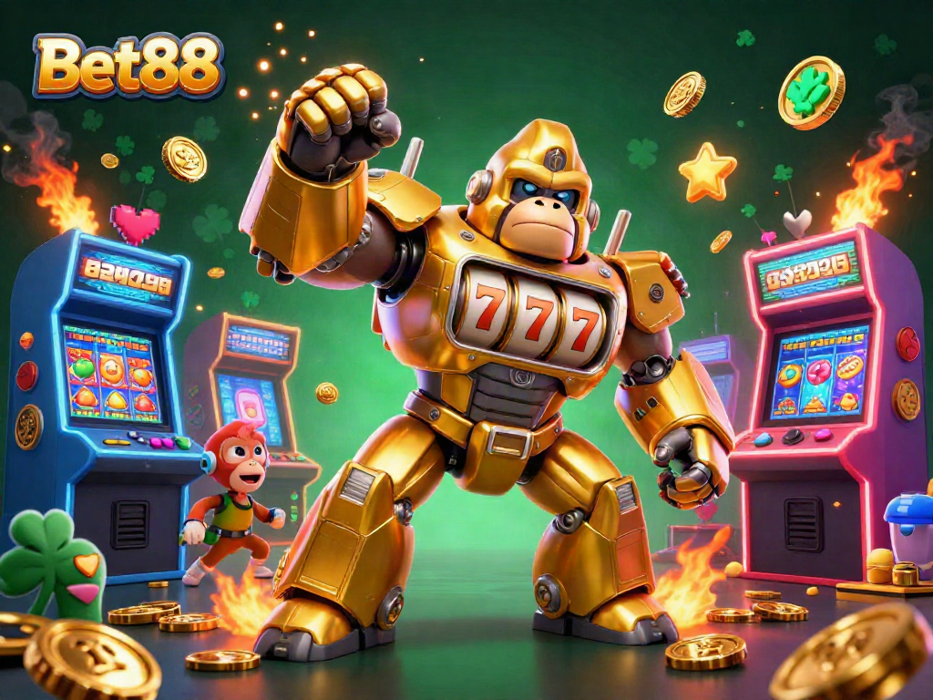 Engage with Bet88 at the vibrant casino backdrop showcasing a golden gorilla mech bursting with excitement.