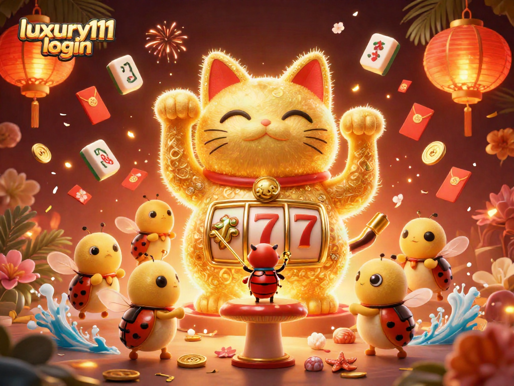Experience exciting games with luxury111 login in a vibrant 3D illustration featuring a lucky cat.