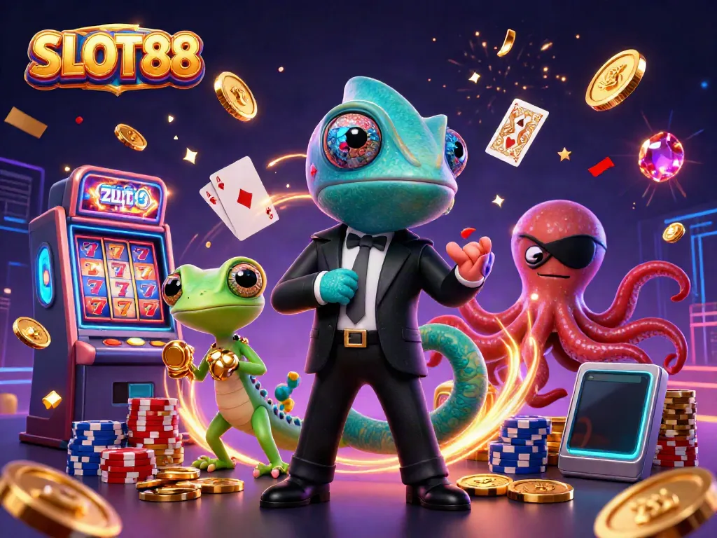 SLOT88 players spin for luck with vibrant slot machines, 3D characters, and rich casino action.