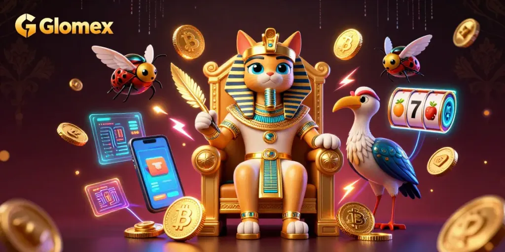 Engage with Glomex through a vibrant casino scene showcasing Egyptian characters amidst Bitcoin coins.