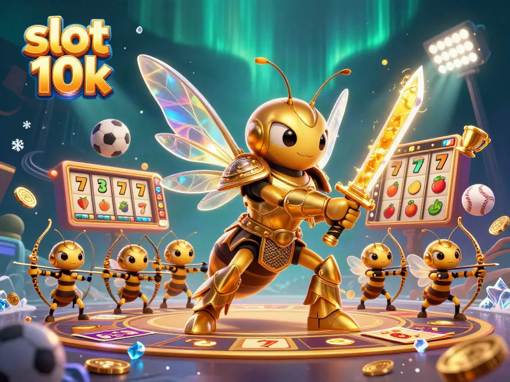 Engage with slot 10k through a vibrant illustration featuring a samurai hornet battling for jackpot wins amidst glowing reels and sports excitement.