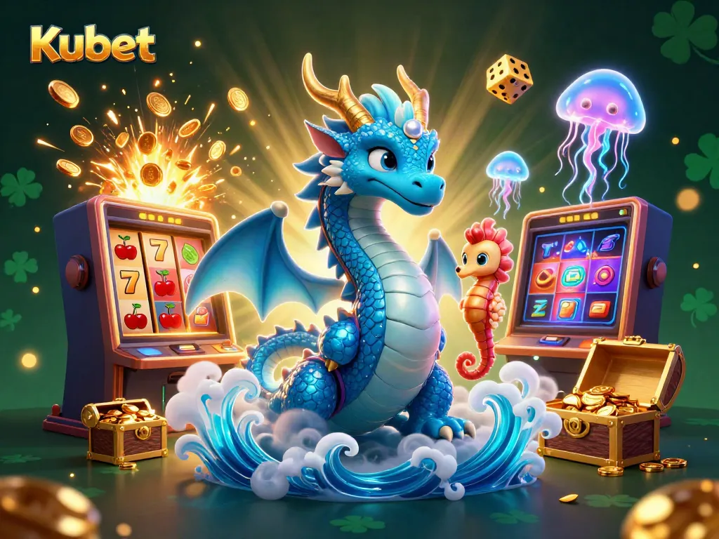 Experience Kubet's vibrant casino universe with a 3D dragon, seahorse, and jackpot symbols.