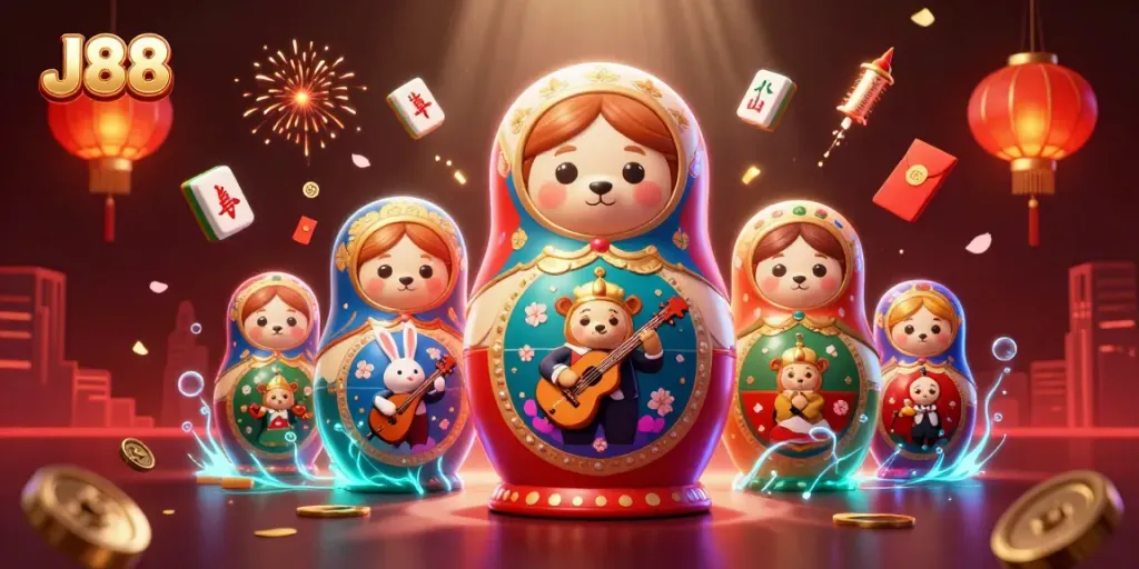 Experience the thrill of J88 with colorful casino-themed 3D characters immersed in a festive atmosphere.