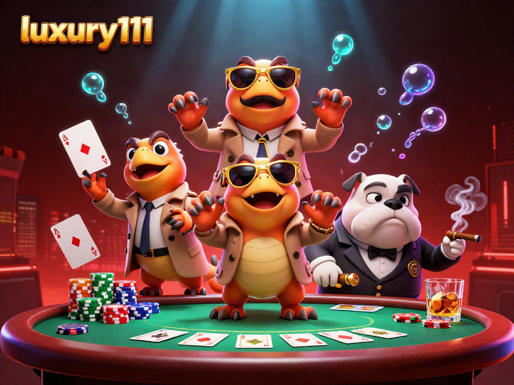 Experience luxury111 in a vibrant 3D casino scene featuring raptors in a trench coat.