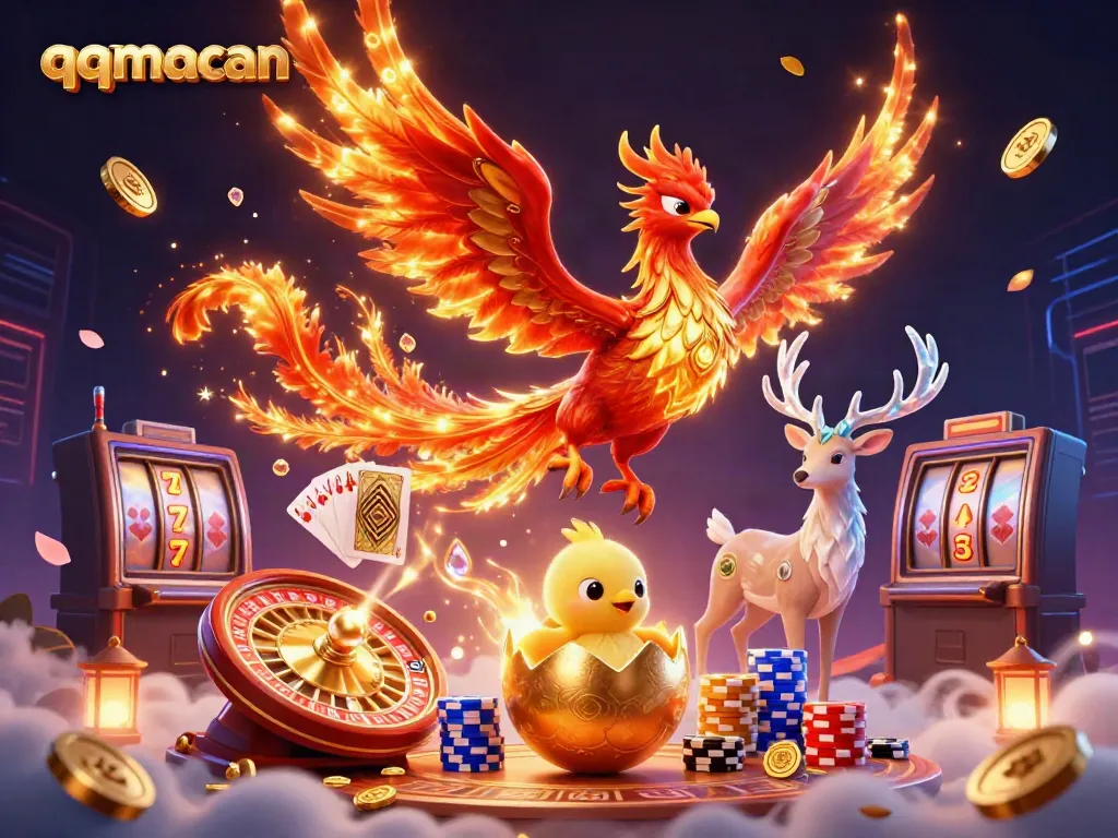 Experience the thrill of qqmacan as a phoenix rises amidst vibrant casino elements.