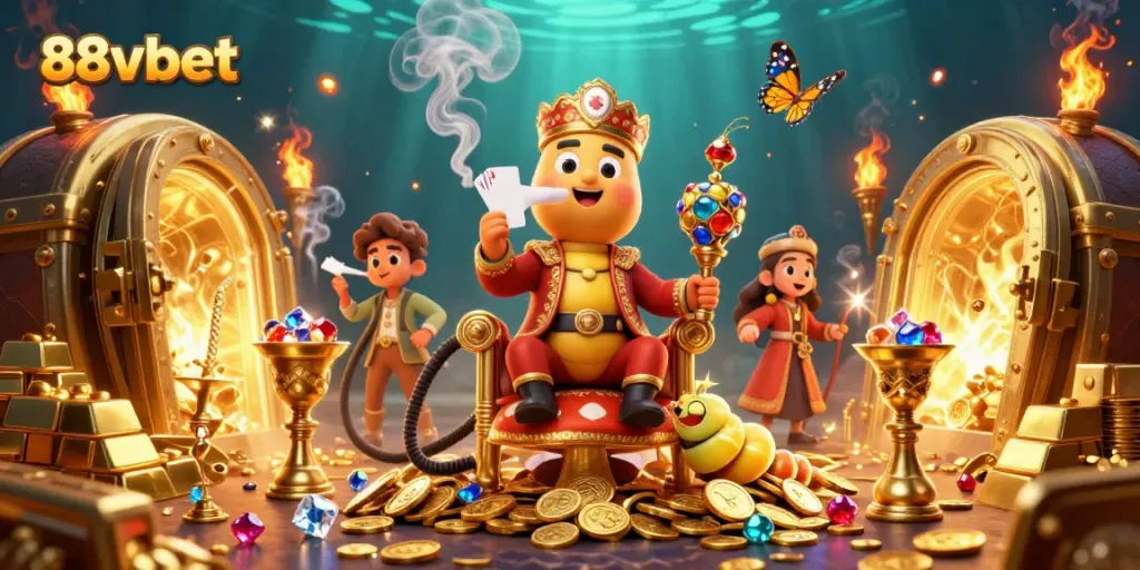 Experience the excitement with 88vbet's vibrant 3D casino scene featuring dynamic gaming elements and treasures.