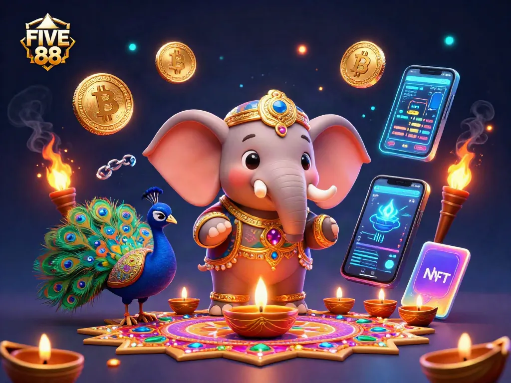 Engage with FIVE 88 in this vibrant 3D casino illustration filled with festive elements and crypto symbols.