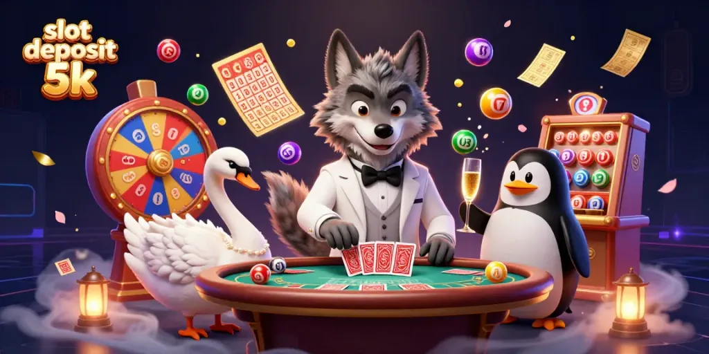 Experience excitement with thrilling slot deposit 5k scenes featuring a wolf, swan, and penguin in vibrant casino action.
