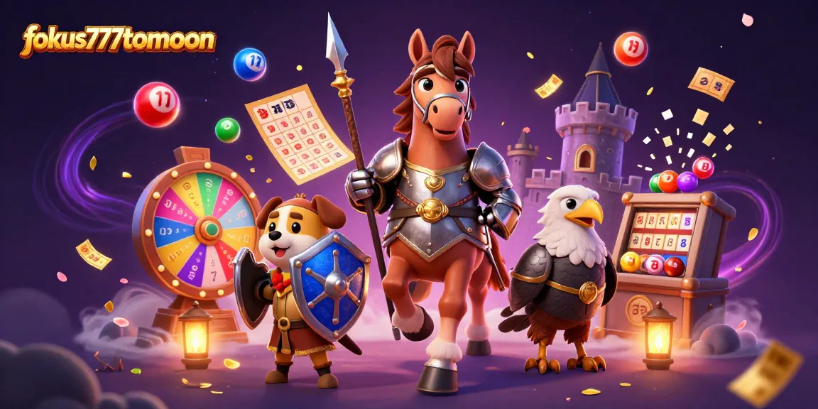 Engage with fokus777tomoon's colorful lottery scene featuring a knight, puppy, and falcon in a vibrant casino setting.