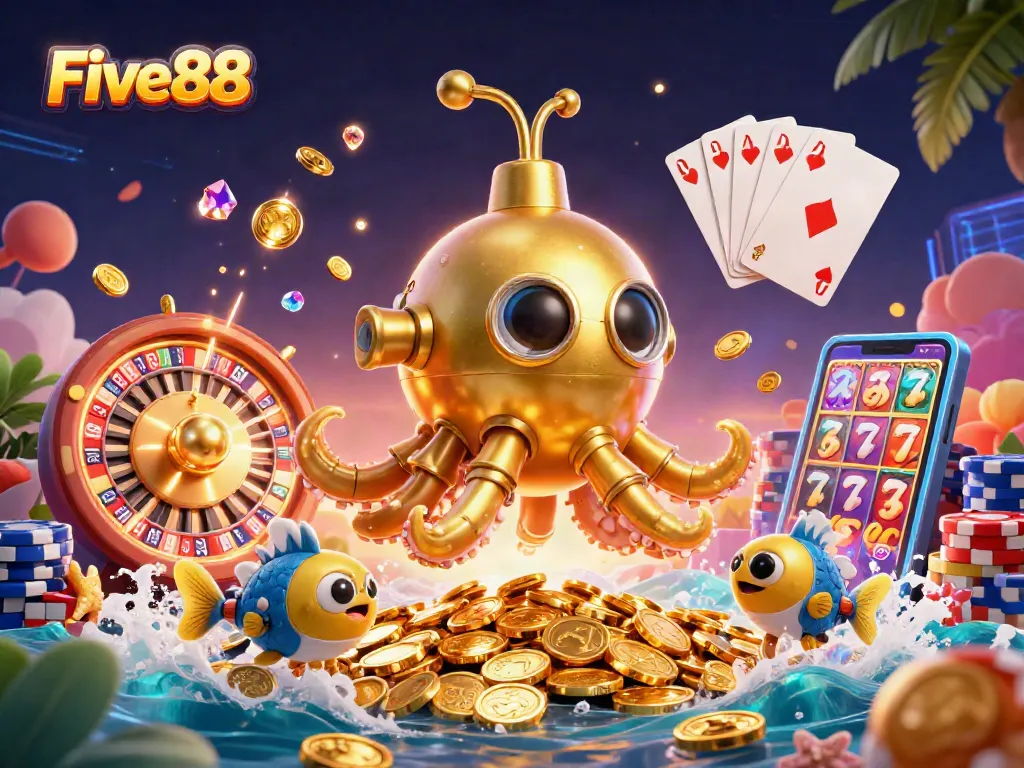 Engage with the thrill of Five88's rich casino world, featuring a golden kraken submarine and vibrant games.