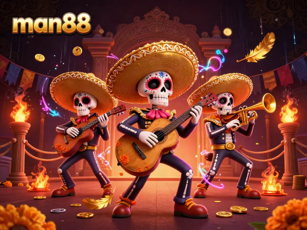Experience thrilling games at man88 with a colorful mariachi band and dynamic casino elements.