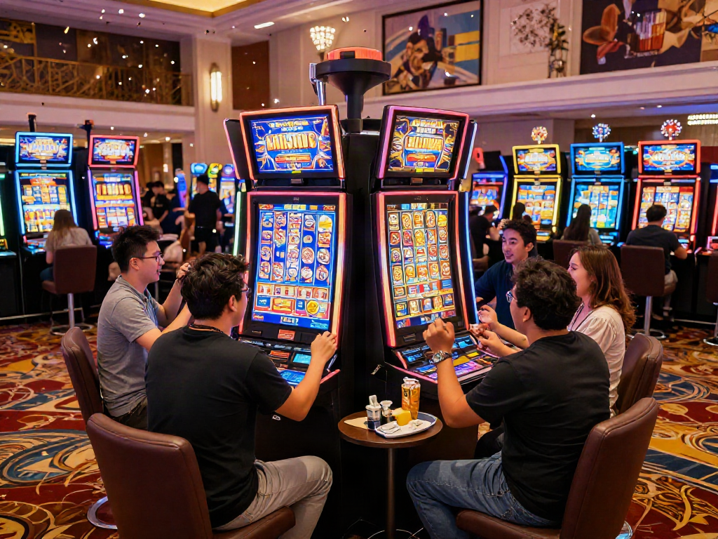 Cheering players celebrating a big win at slot depo 5k machines in vibrant casino.
