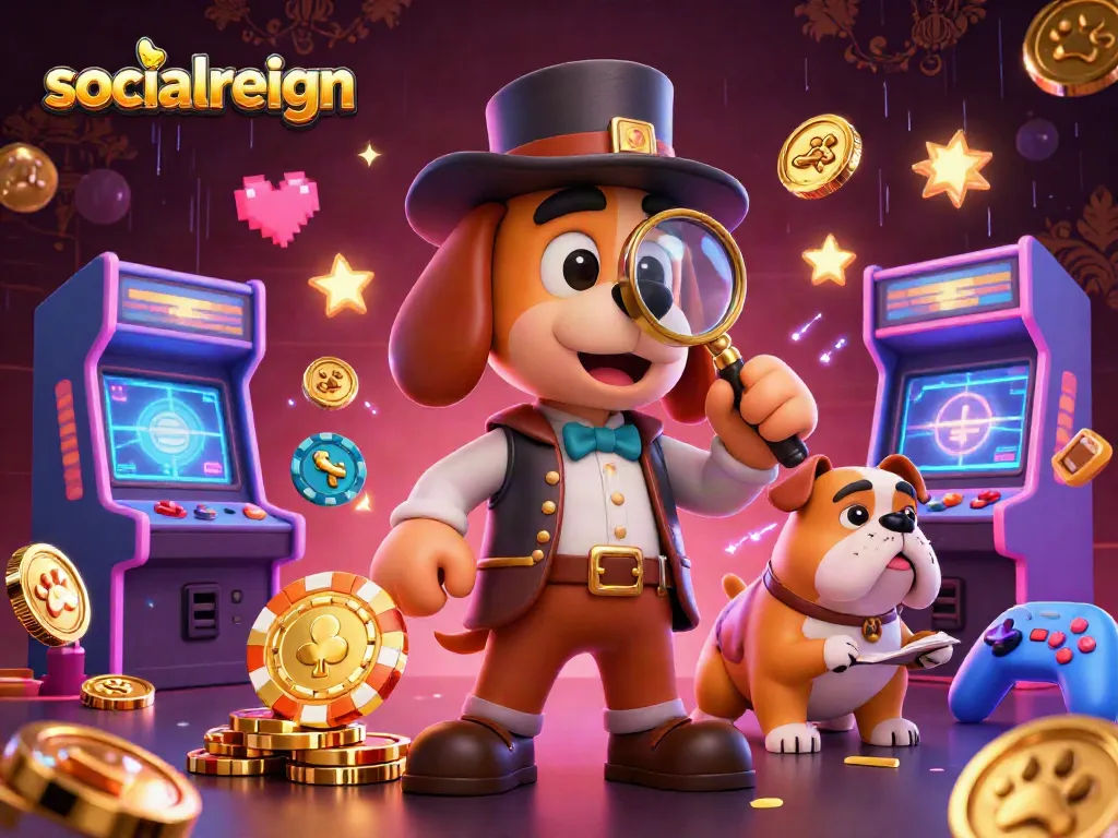 Engage with socialreign’s mystery as a cartoon detective investigates a golden poker chip amidst vibrant casino elements.